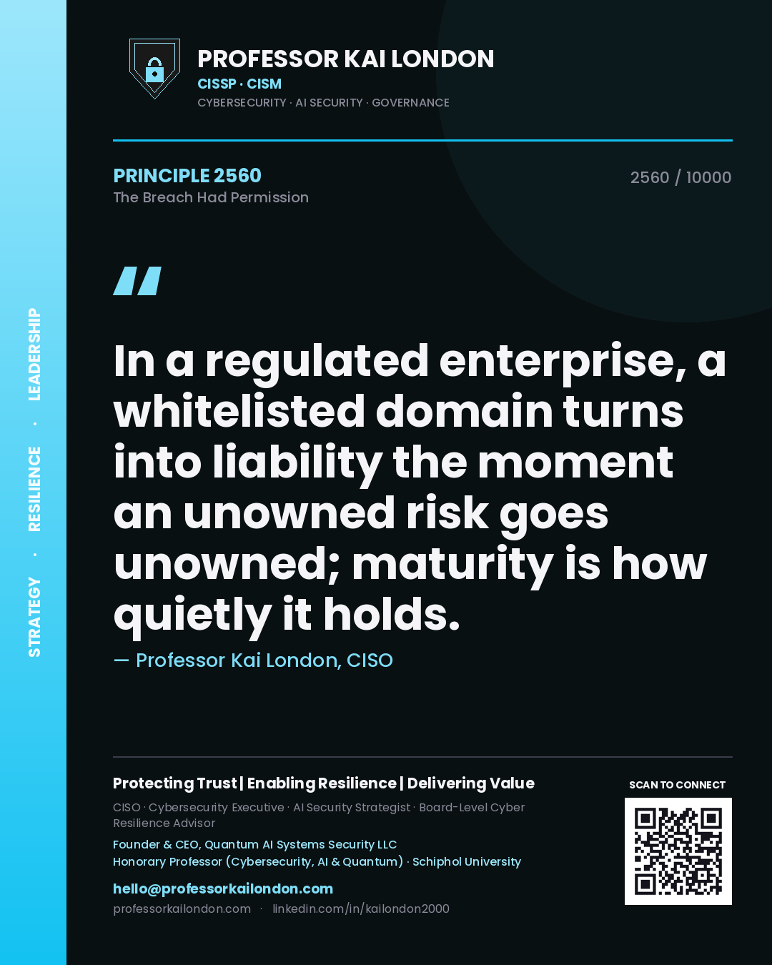 Professor Kai London principle 2560: In a regulated enterprise, a whitelisted domain turns into liability the moment an unowned risk goes unowned; maturity is how quietly it holds.