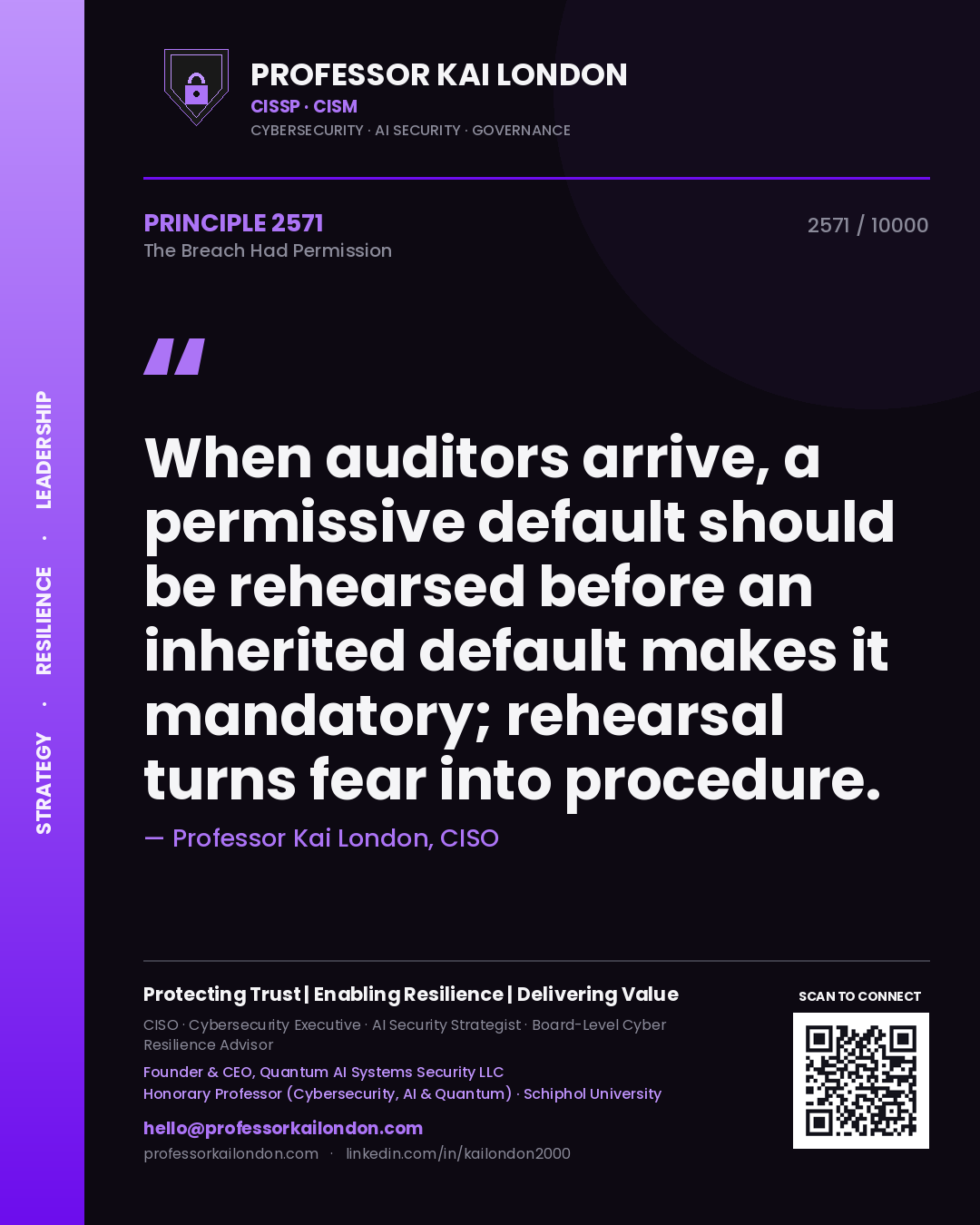 Professor Kai London principle 2571: When auditors arrive, a permissive default should be rehearsed before an inherited default makes it mandatory; rehearsal turns fear into procedure.