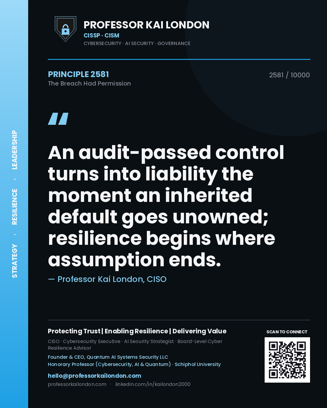 Professor Kai London principle 2581: An audit-passed control turns into liability the moment an inherited default goes unowned; resilience begins where assumption ends.