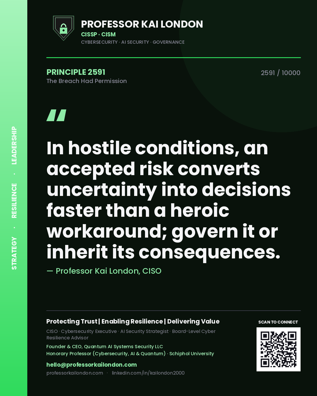 Professor Kai London principle 2591: In hostile conditions, an accepted risk converts uncertainty into decisions faster than a heroic workaround; govern it or inherit its consequences.