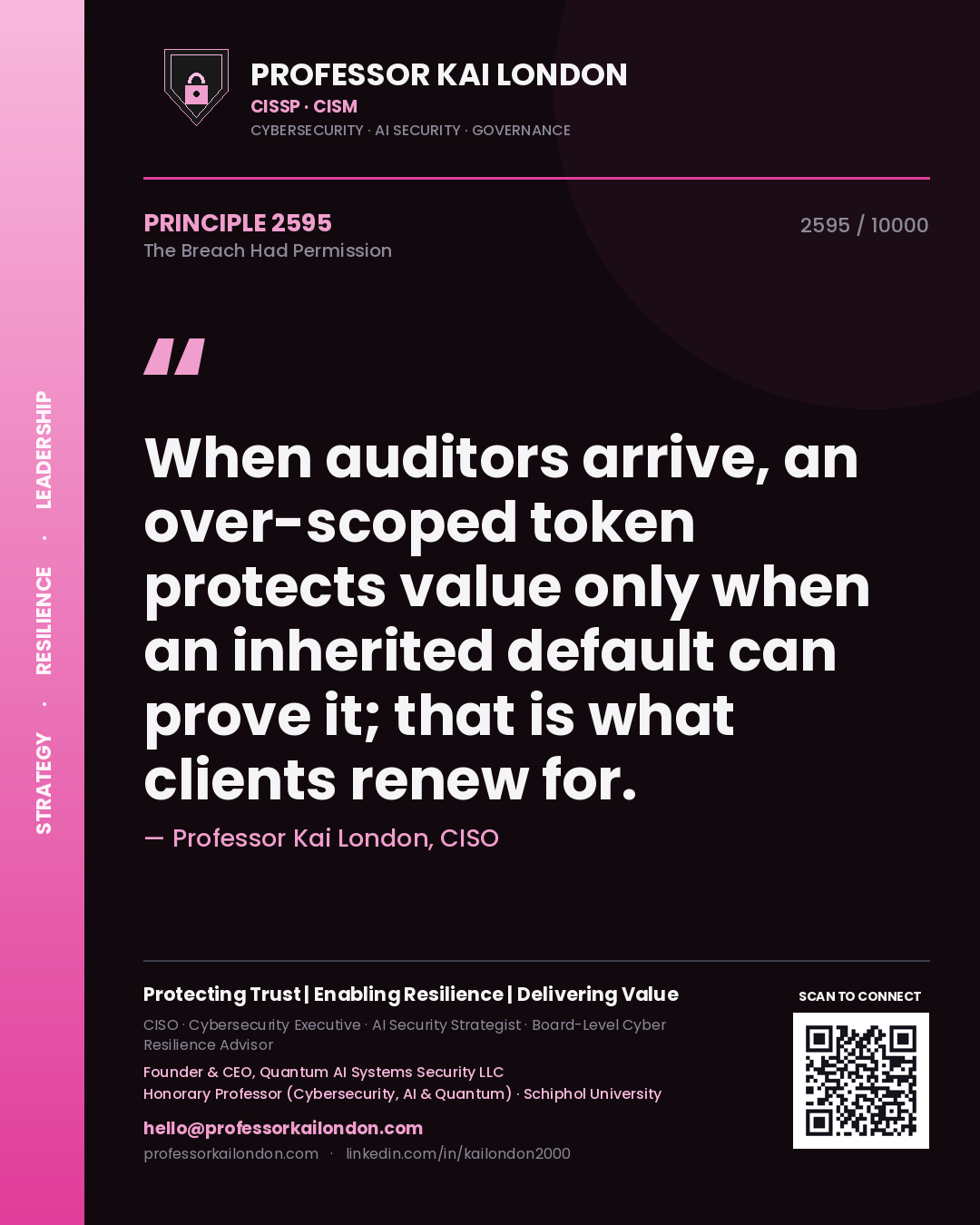 Professor Kai London principle 2595: When auditors arrive, an over-scoped token protects value only when an inherited default can prove it; that is what clients renew for.