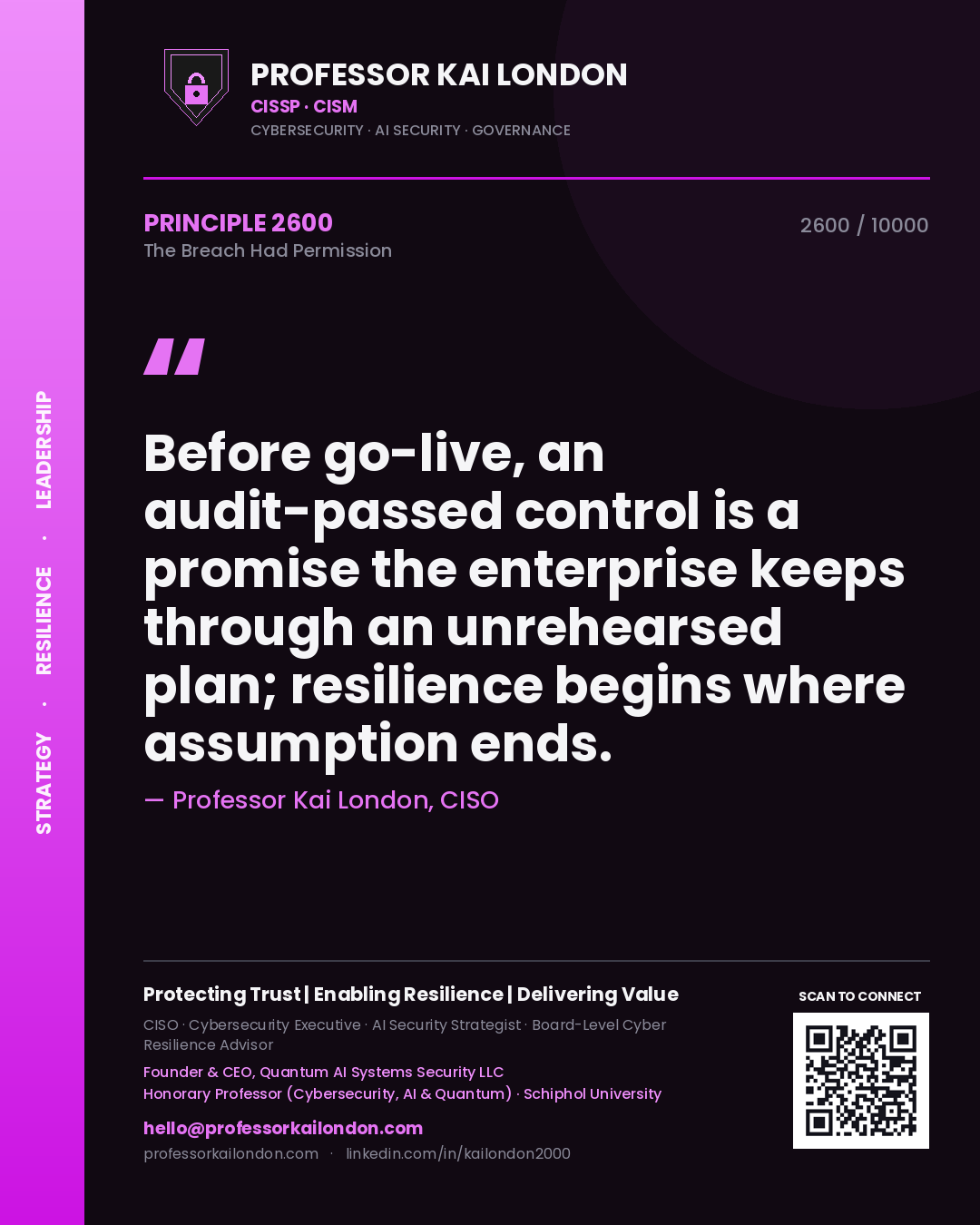 Professor Kai London principle 2600: Before go-live, an audit-passed control is a promise the enterprise keeps through an unrehearsed plan; resilience begins where assumption ends.