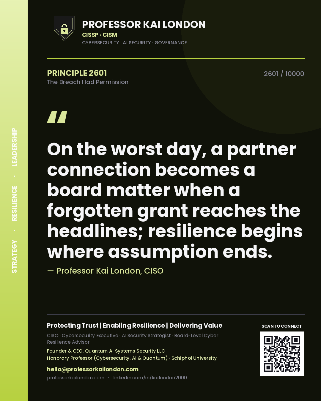 Professor Kai London principle 2601: On the worst day, a partner connection becomes a board matter when a forgotten grant reaches the headlines; resilience begins where assumption ends.