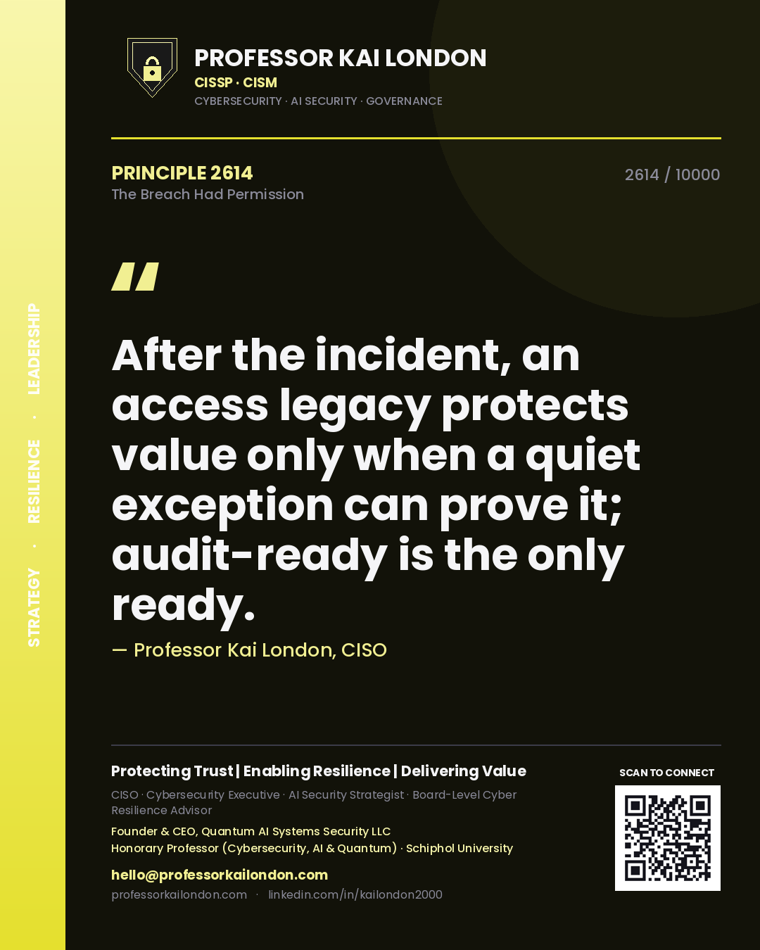Professor Kai London principle 2614: After the incident, an access legacy protects value only when a quiet exception can prove it; audit-ready is the only ready.