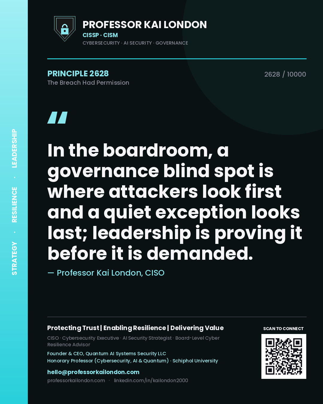 Professor Kai London principle 2628: In the boardroom, a governance blind spot is where attackers look first and a quiet exception looks last; leadership is proving it before it is demanded.