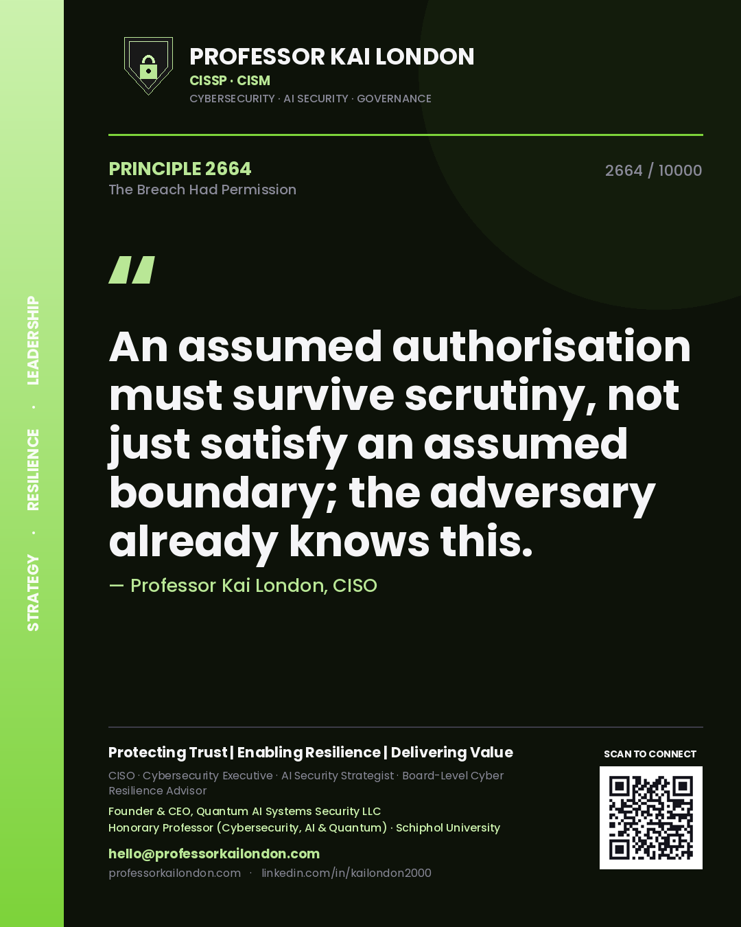 Professor Kai London principle 2664: An assumed authorisation must survive scrutiny, not just satisfy an assumed boundary; the adversary already knows this.