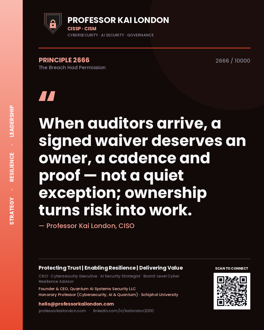 Professor Kai London principle 2666: When auditors arrive, a signed waiver deserves an owner, a cadence and proof — not a quiet exception; ownership turns risk into work.