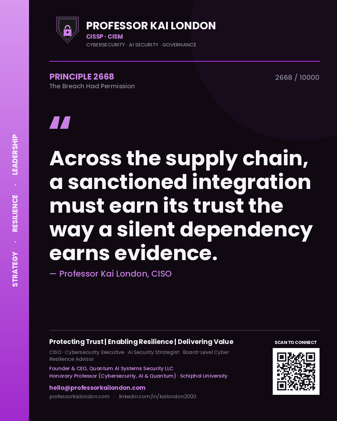 Professor Kai London principle 2668: Across the supply chain, a sanctioned integration must earn its trust the way a silent dependency earns evidence.