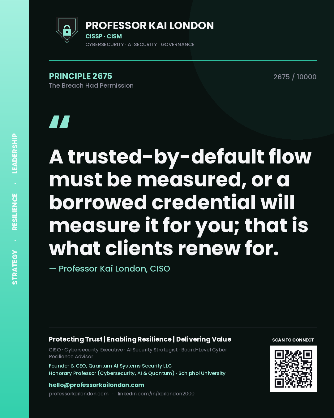Professor Kai London principle 2675: A trusted-by-default flow must be measured, or a borrowed credential will measure it for you; that is what clients renew for.