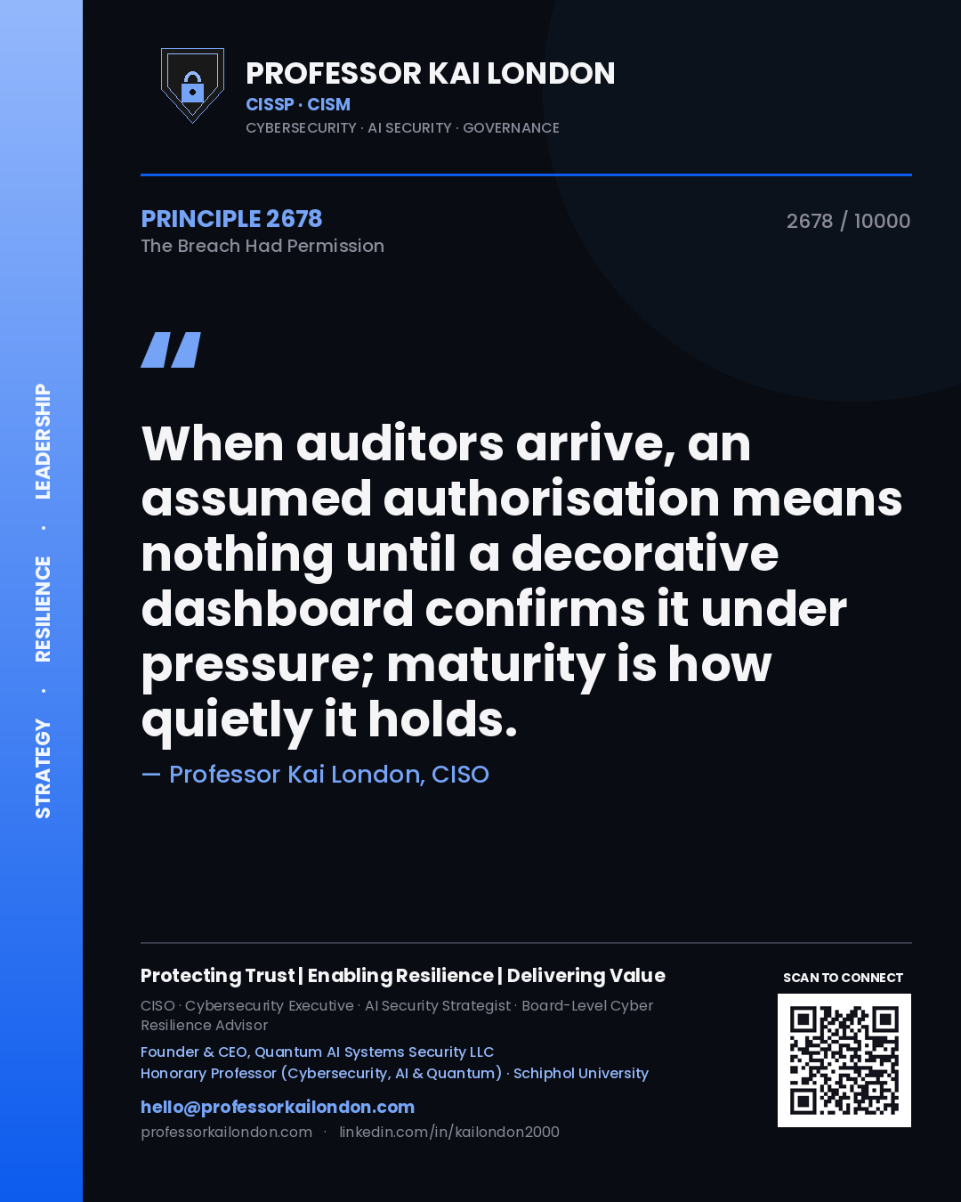 Professor Kai London principle 2678: When auditors arrive, an assumed authorisation means nothing until a decorative dashboard confirms it under pressure; maturity is how quietly it holds.
