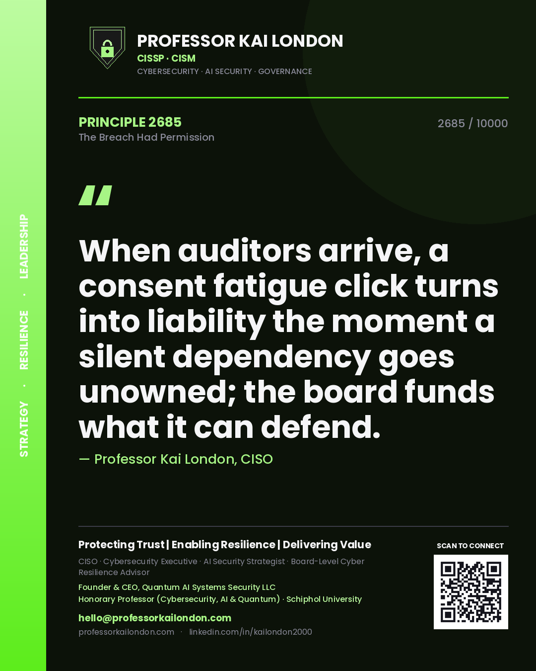 Professor Kai London principle 2685: When auditors arrive, a consent fatigue click turns into liability the moment a silent dependency goes unowned; the board funds what it can defend.