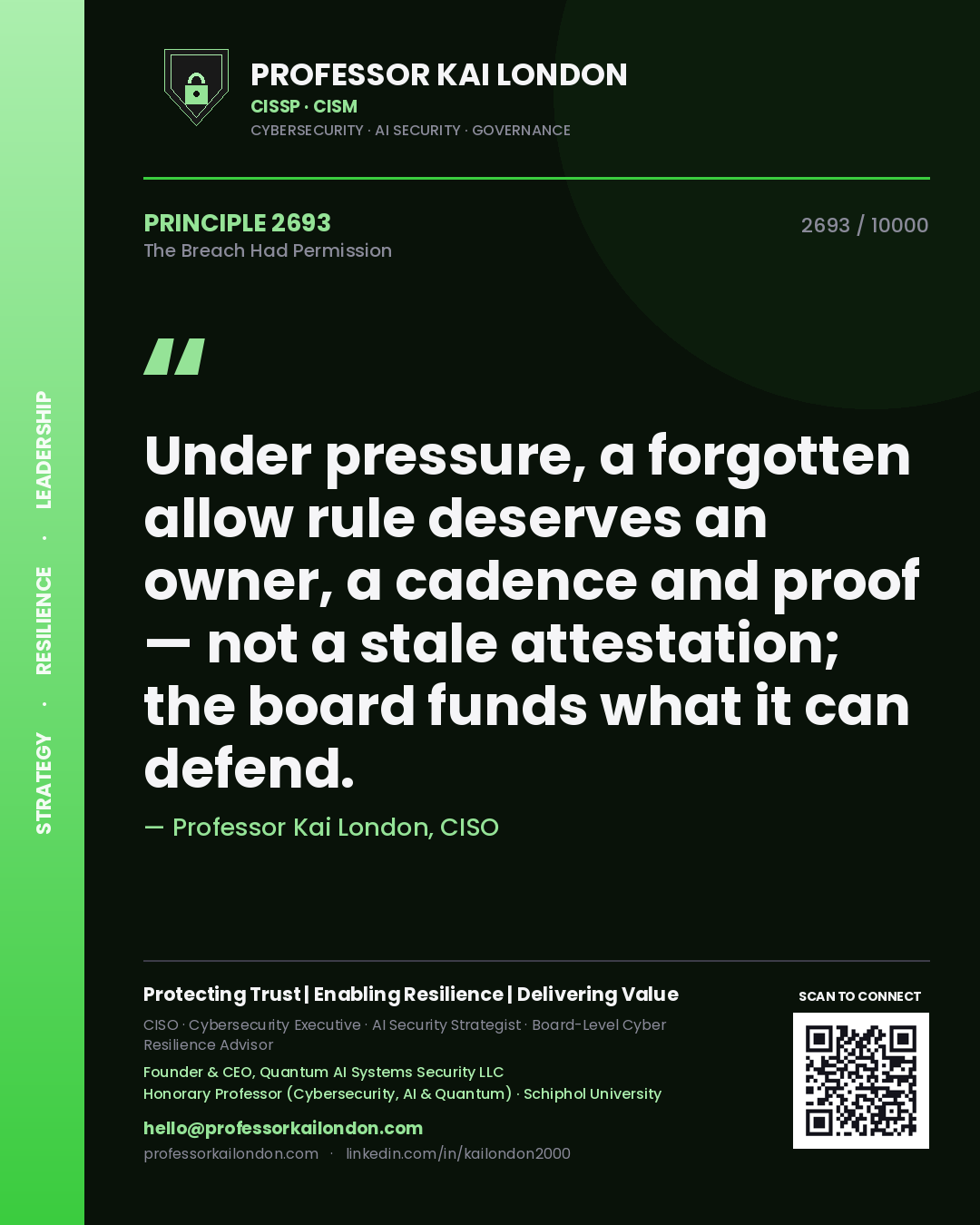 Professor Kai London principle 2693: Under pressure, a forgotten allow rule deserves an owner, a cadence and proof — not a stale attestation; the board funds what it can defend.