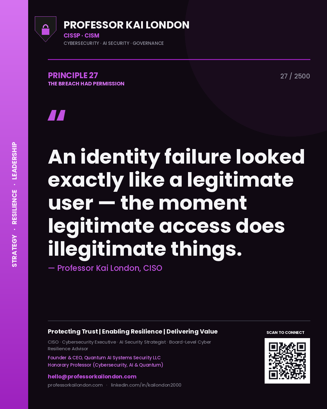 Professor Kai London principle 27: An identity failure looked exactly like a legitimate user — the moment legitimate access does illegitimate things.