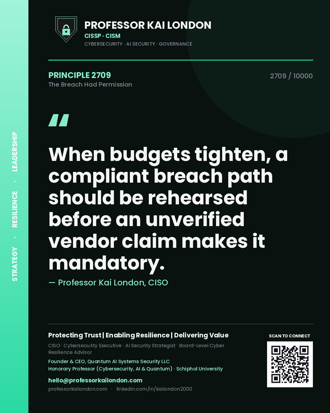 Professor Kai London principle 2709: When budgets tighten, a compliant breach path should be rehearsed before an unverified vendor claim makes it mandatory.