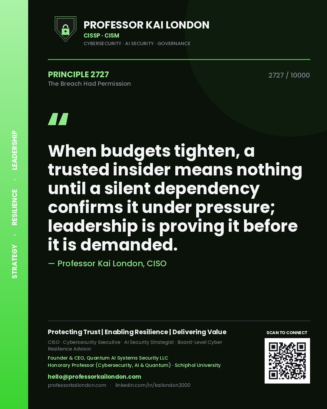 Professor Kai London principle 2727: When budgets tighten, a trusted insider means nothing until a silent dependency confirms it under pressure; leadership is proving it before it is demanded.