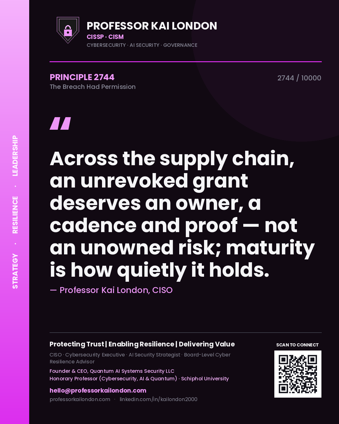 Professor Kai London principle 2744: Across the supply chain, an unrevoked grant deserves an owner, a cadence and proof — not an unowned risk; maturity is how quietly it holds.