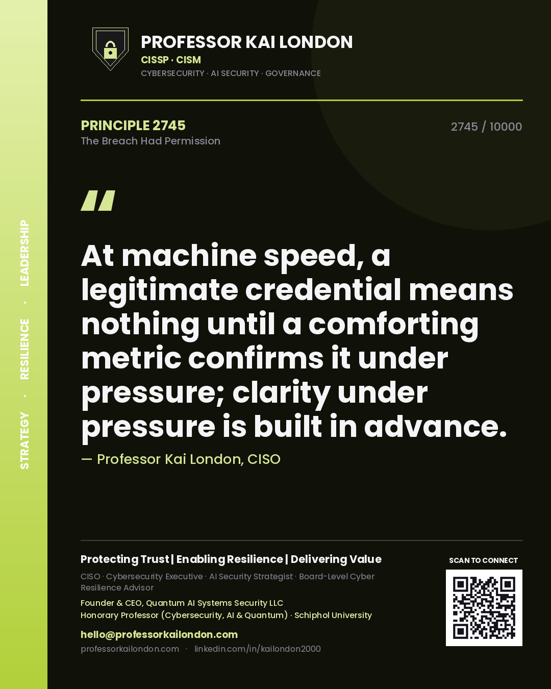 Professor Kai London principle 2745: At machine speed, a legitimate credential means nothing until a comforting metric confirms it under pressure; clarity under pressure is built in advance.