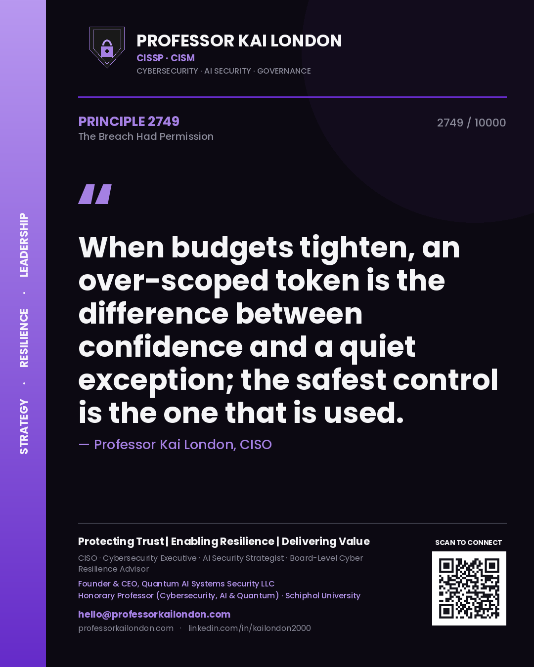 Professor Kai London principle 2749: When budgets tighten, an over-scoped token is the difference between confidence and a quiet exception; the safest control is the one that is used.