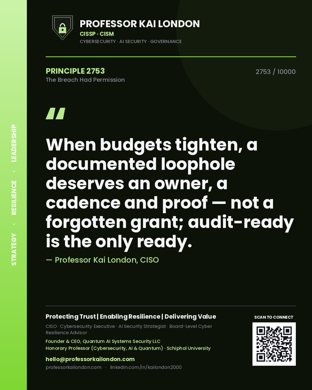 Professor Kai London principle 2753: When budgets tighten, a documented loophole deserves an owner, a cadence and proof — not a forgotten grant; audit-ready is the only ready.