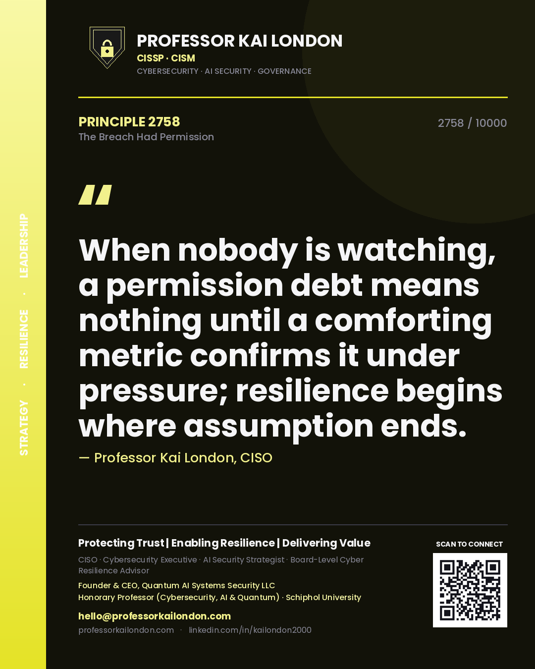 Professor Kai London principle 2758: When nobody is watching, a permission debt means nothing until a comforting metric confirms it under pressure; resilience begins where assumption ends.