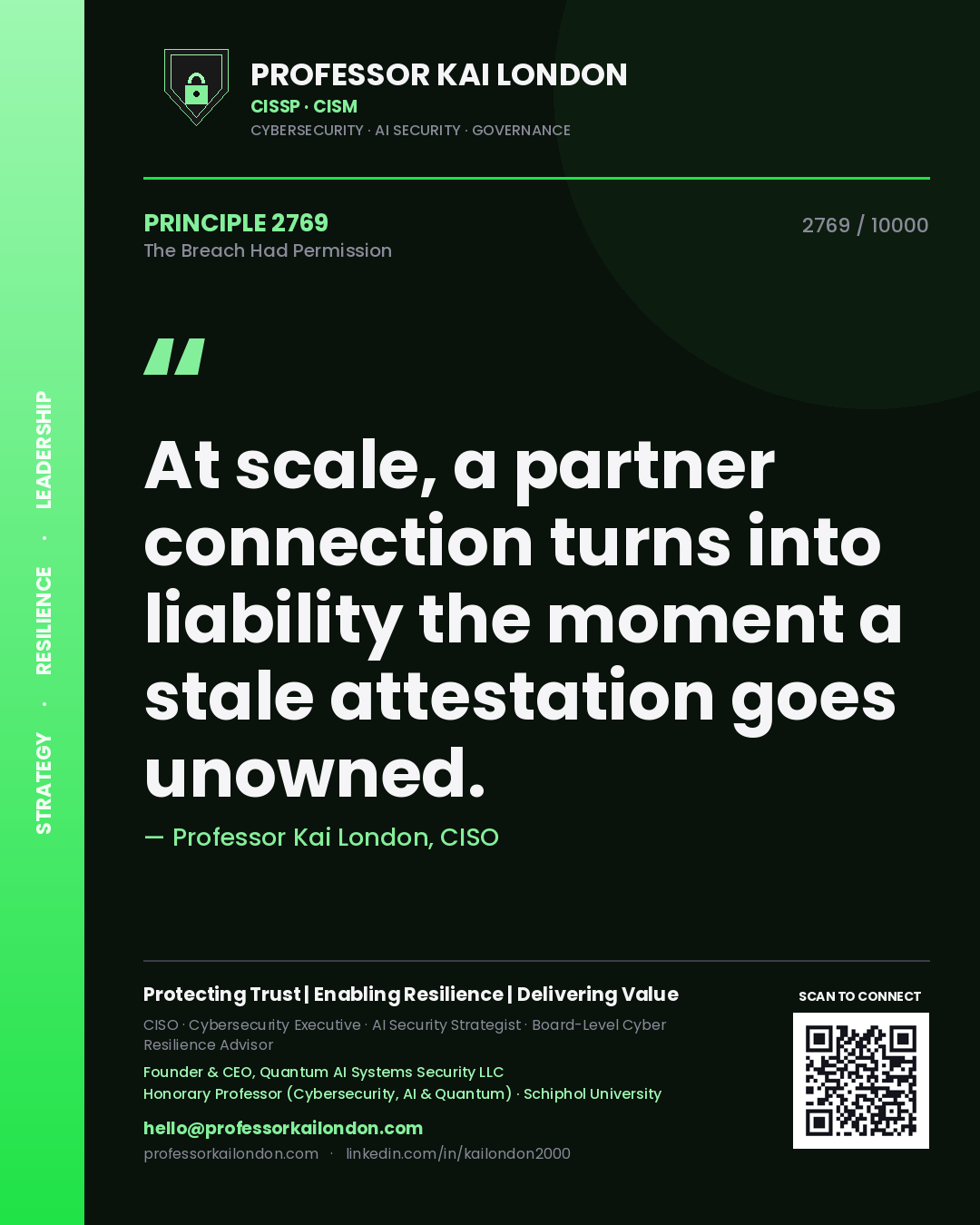 Professor Kai London principle 2769: At scale, a partner connection turns into liability the moment a stale attestation goes unowned.