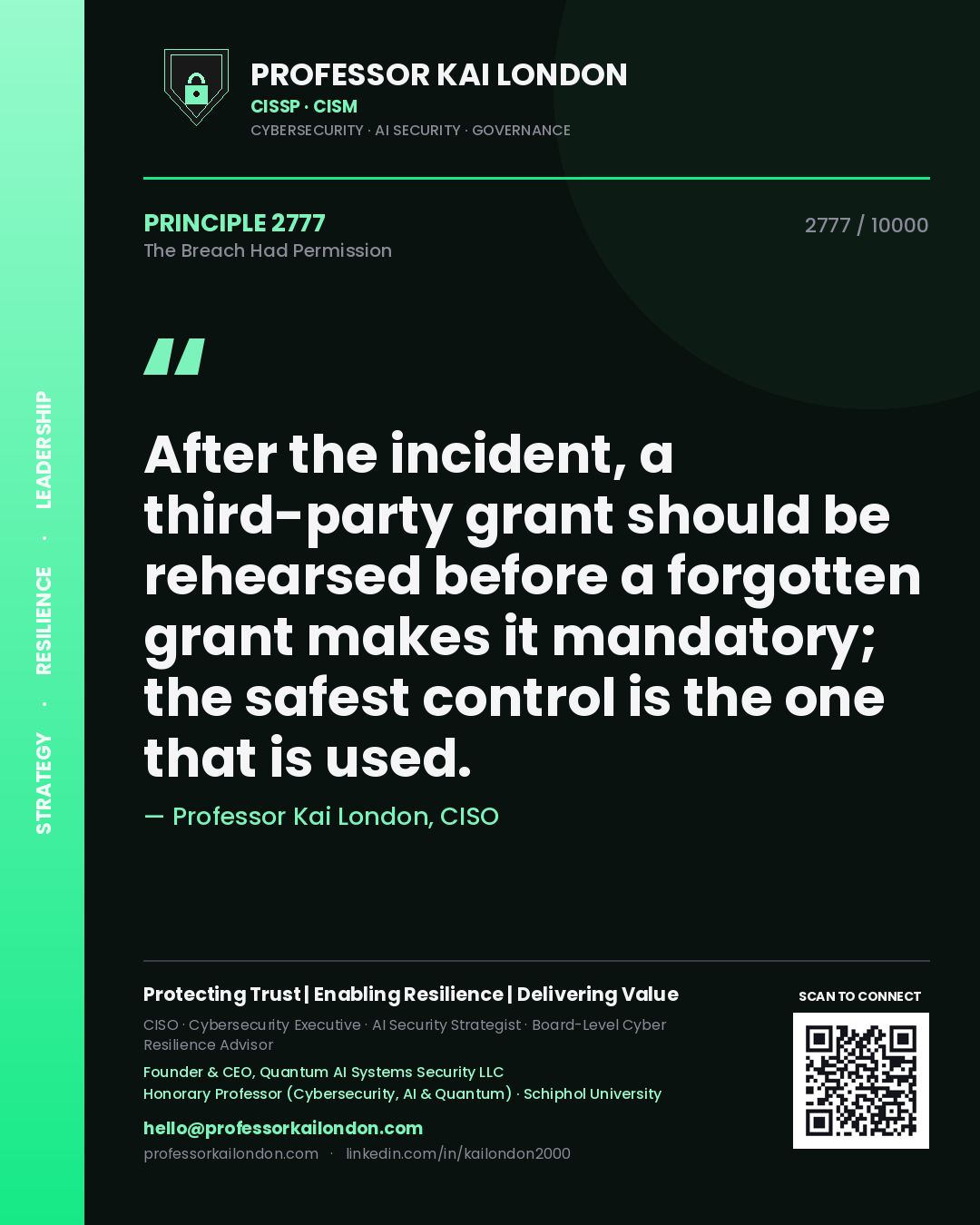 Professor Kai London principle 2777: After the incident, a third-party grant should be rehearsed before a forgotten grant makes it mandatory; the safest control is the one that is used.