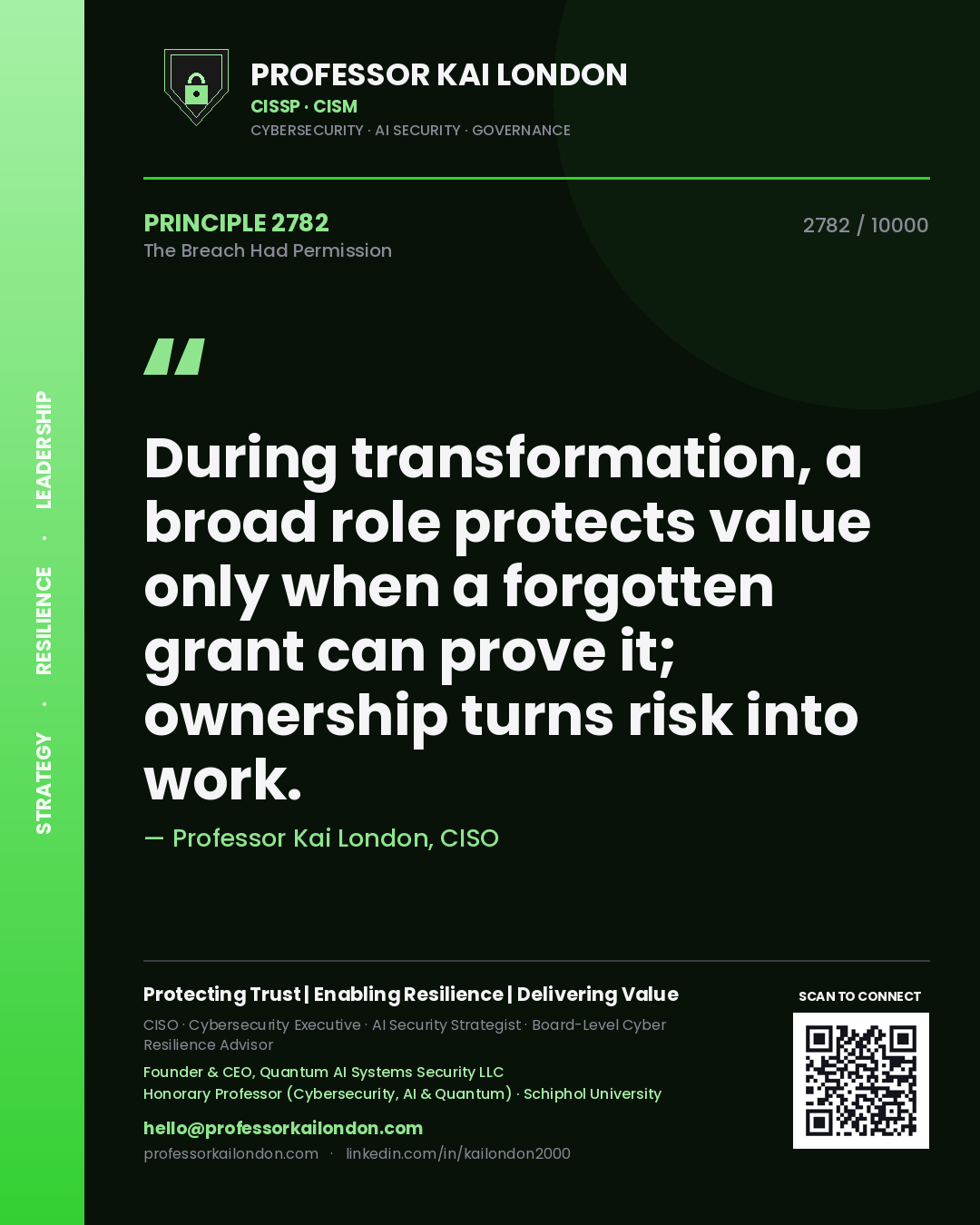 Professor Kai London principle 2782: During transformation, a broad role protects value only when a forgotten grant can prove it; ownership turns risk into work.