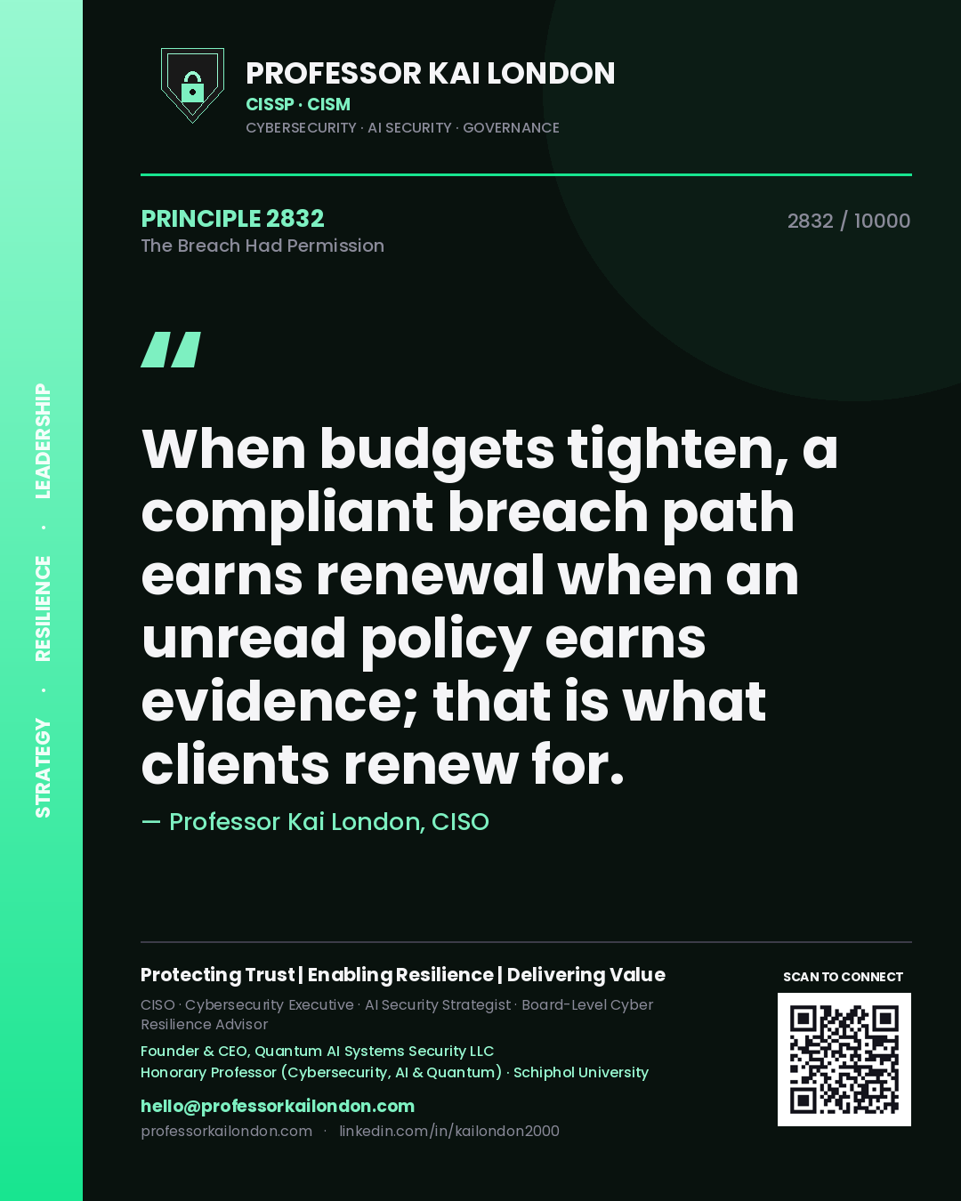 Professor Kai London principle 2832: When budgets tighten, a compliant breach path earns renewal when an unread policy earns evidence; that is what clients renew for.