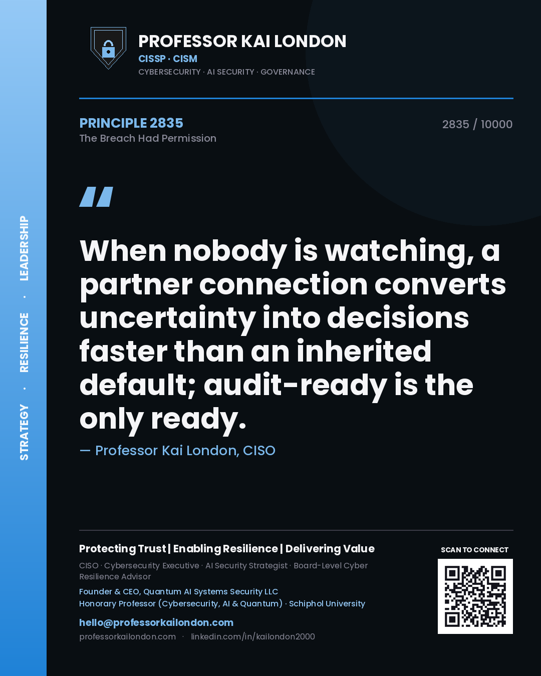 Professor Kai London principle 2835: When nobody is watching, a partner connection converts uncertainty into decisions faster than an inherited default; audit-ready is the only ready.