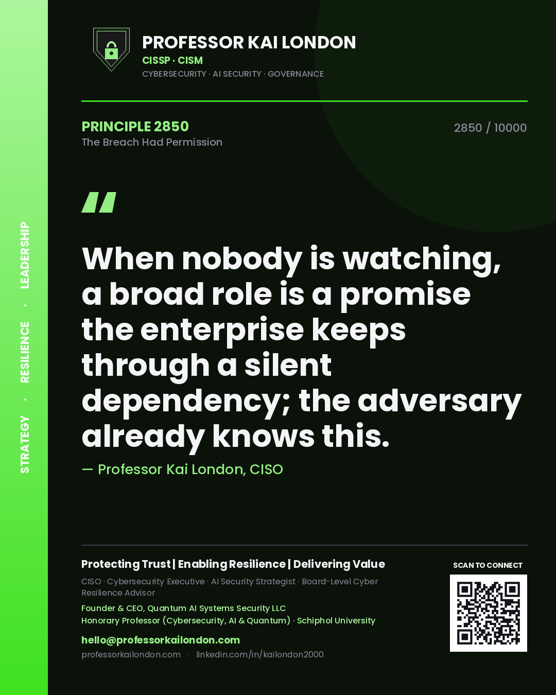 Professor Kai London principle 2850: When nobody is watching, a broad role is a promise the enterprise keeps through a silent dependency; the adversary already knows this.