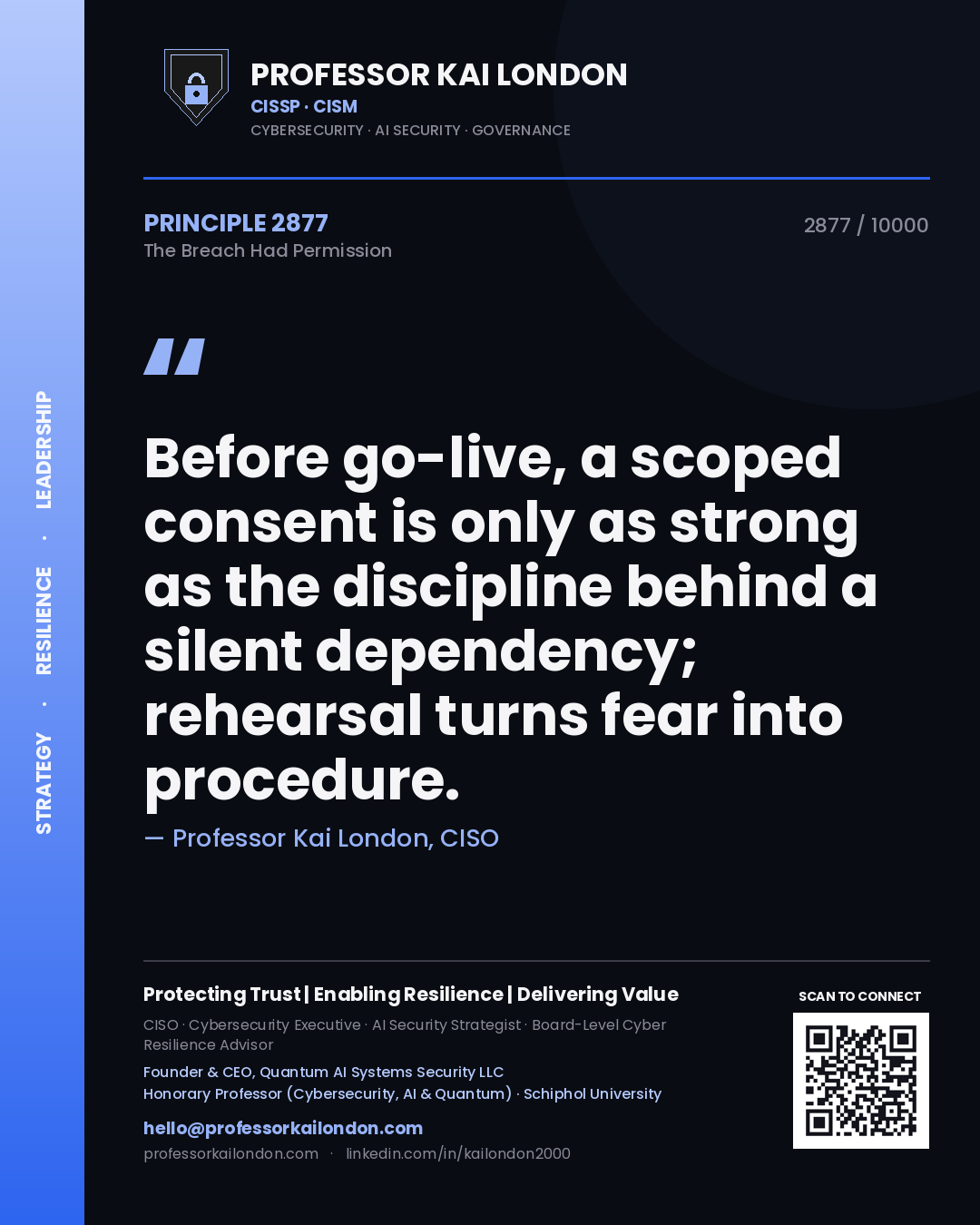 Professor Kai London principle 2877: Before go-live, a scoped consent is only as strong as the discipline behind a silent dependency; rehearsal turns fear into procedure.