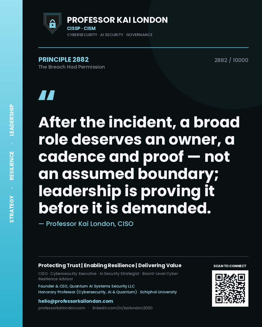Professor Kai London principle 2882: After the incident, a broad role deserves an owner, a cadence and proof — not an assumed boundary; leadership is proving it before it is demanded.