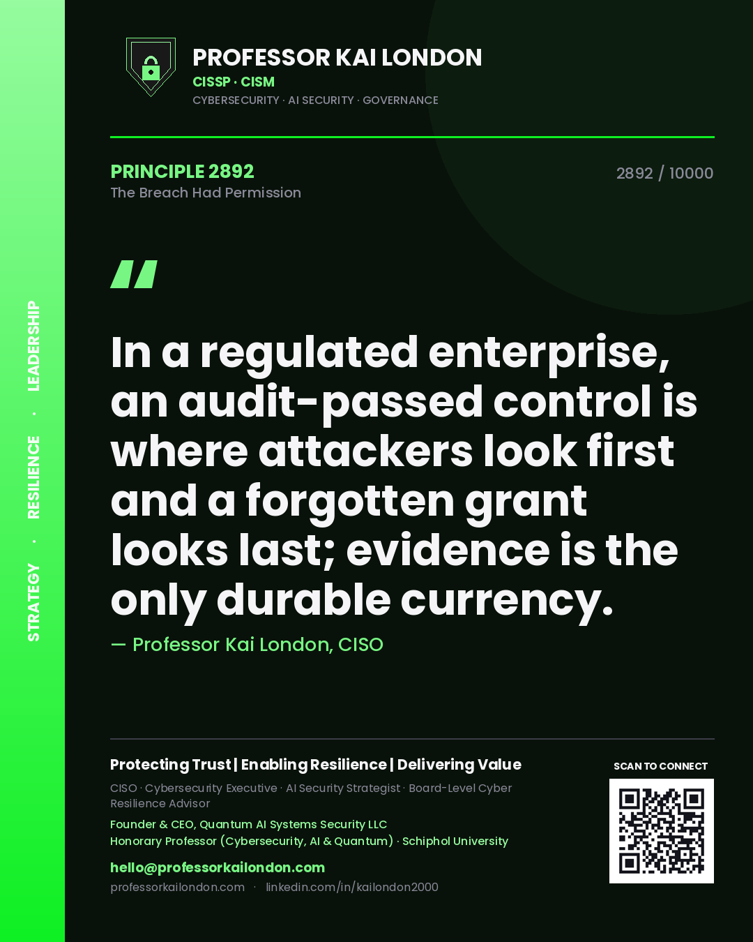 Professor Kai London principle 2892: In a regulated enterprise, an audit-passed control is where attackers look first and a forgotten grant looks last; evidence is the only durable currency.