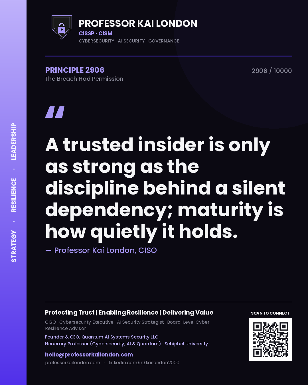Professor Kai London principle 2906: A trusted insider is only as strong as the discipline behind a silent dependency; maturity is how quietly it holds.