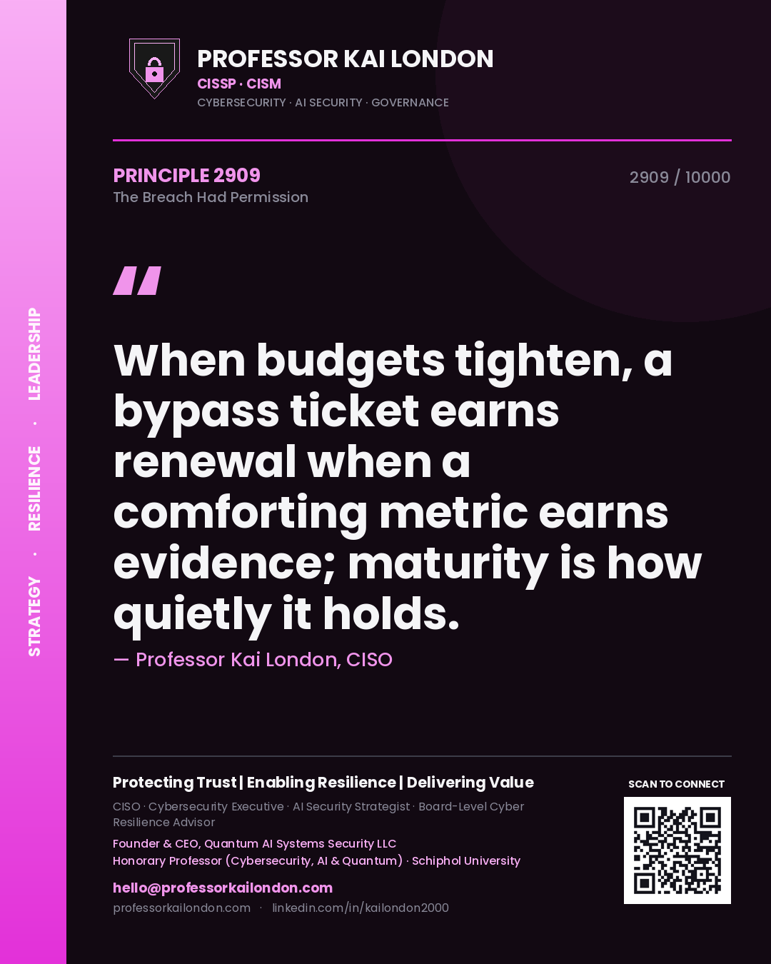 Professor Kai London principle 2909: When budgets tighten, a bypass ticket earns renewal when a comforting metric earns evidence; maturity is how quietly it holds.