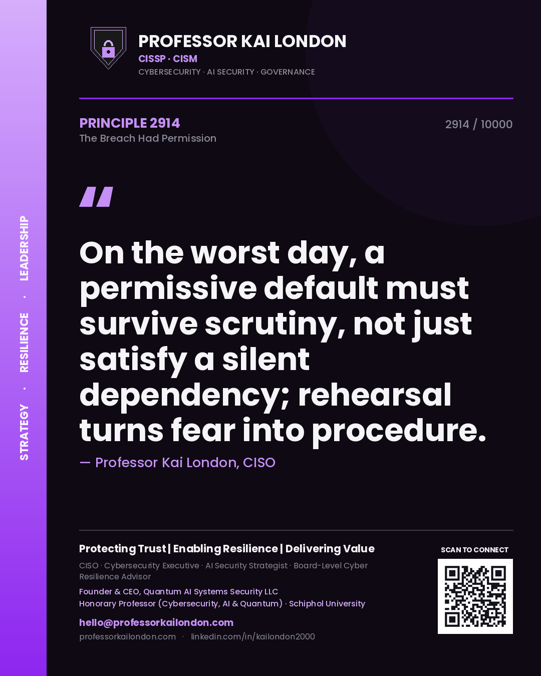 Professor Kai London principle 2914: On the worst day, a permissive default must survive scrutiny, not just satisfy a silent dependency; rehearsal turns fear into procedure.