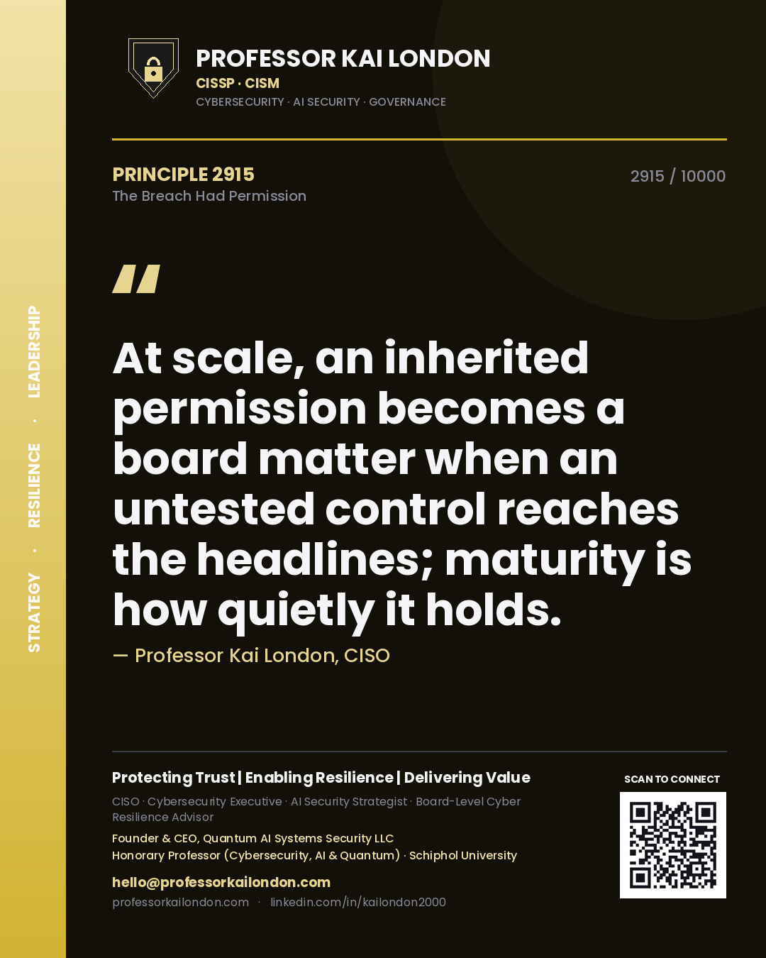 Professor Kai London principle 2915: At scale, an inherited permission becomes a board matter when an untested control reaches the headlines; maturity is how quietly it holds.