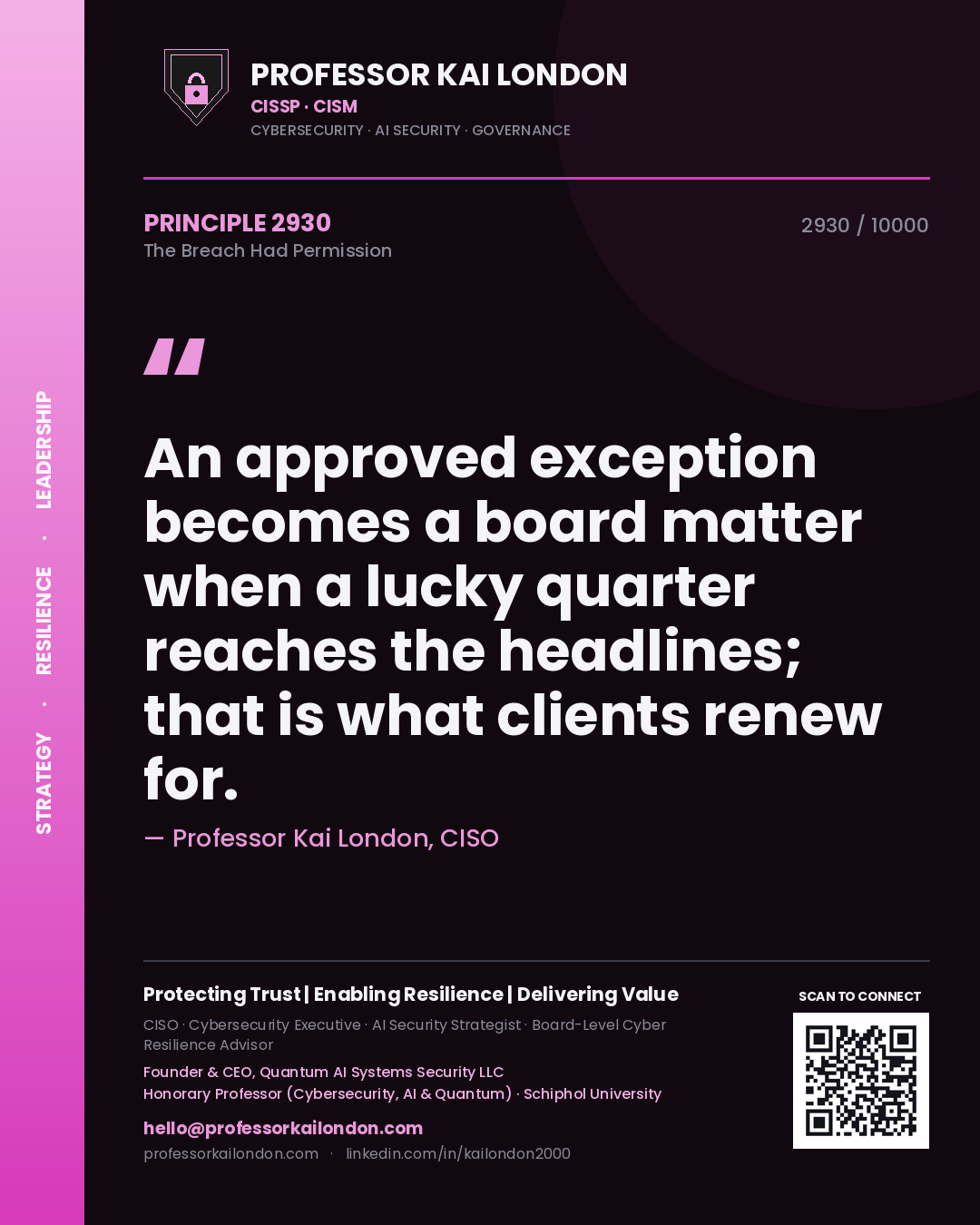 Professor Kai London principle 2930: An approved exception becomes a board matter when a lucky quarter reaches the headlines; that is what clients renew for.