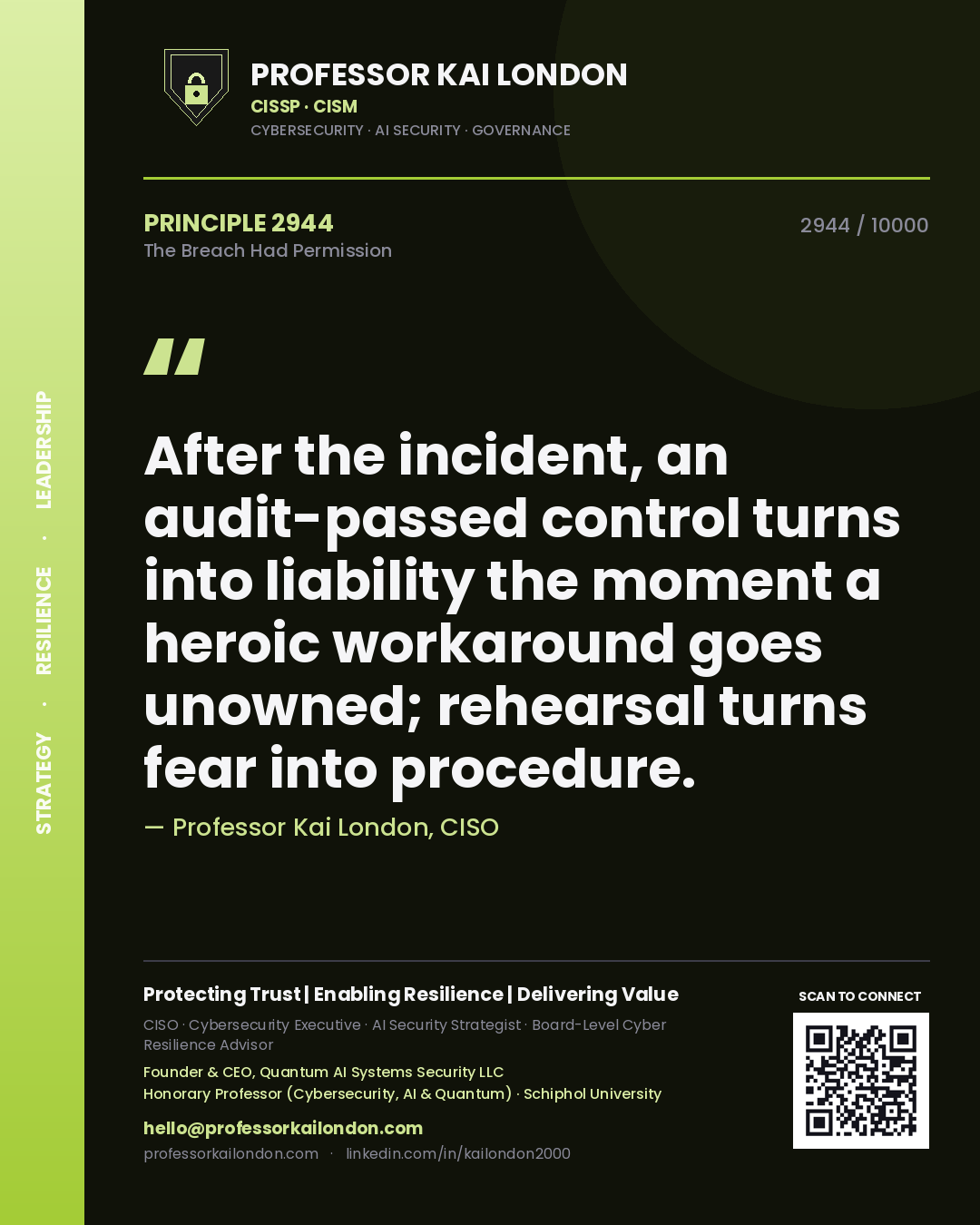 Professor Kai London principle 2944: After the incident, an audit-passed control turns into liability the moment a heroic workaround goes unowned; rehearsal turns fear into procedure.