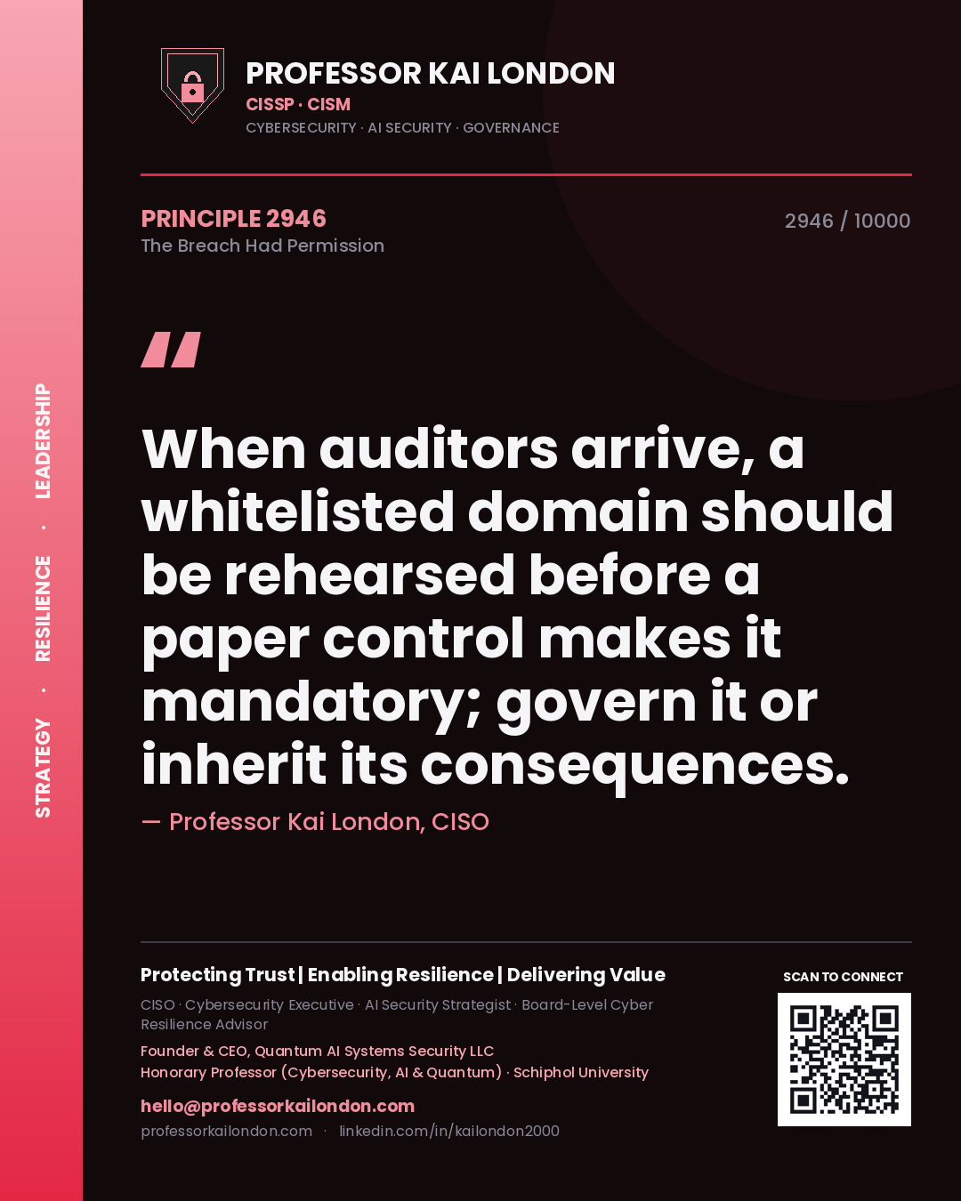Professor Kai London principle 2946: When auditors arrive, a whitelisted domain should be rehearsed before a paper control makes it mandatory; govern it or inherit its consequences.