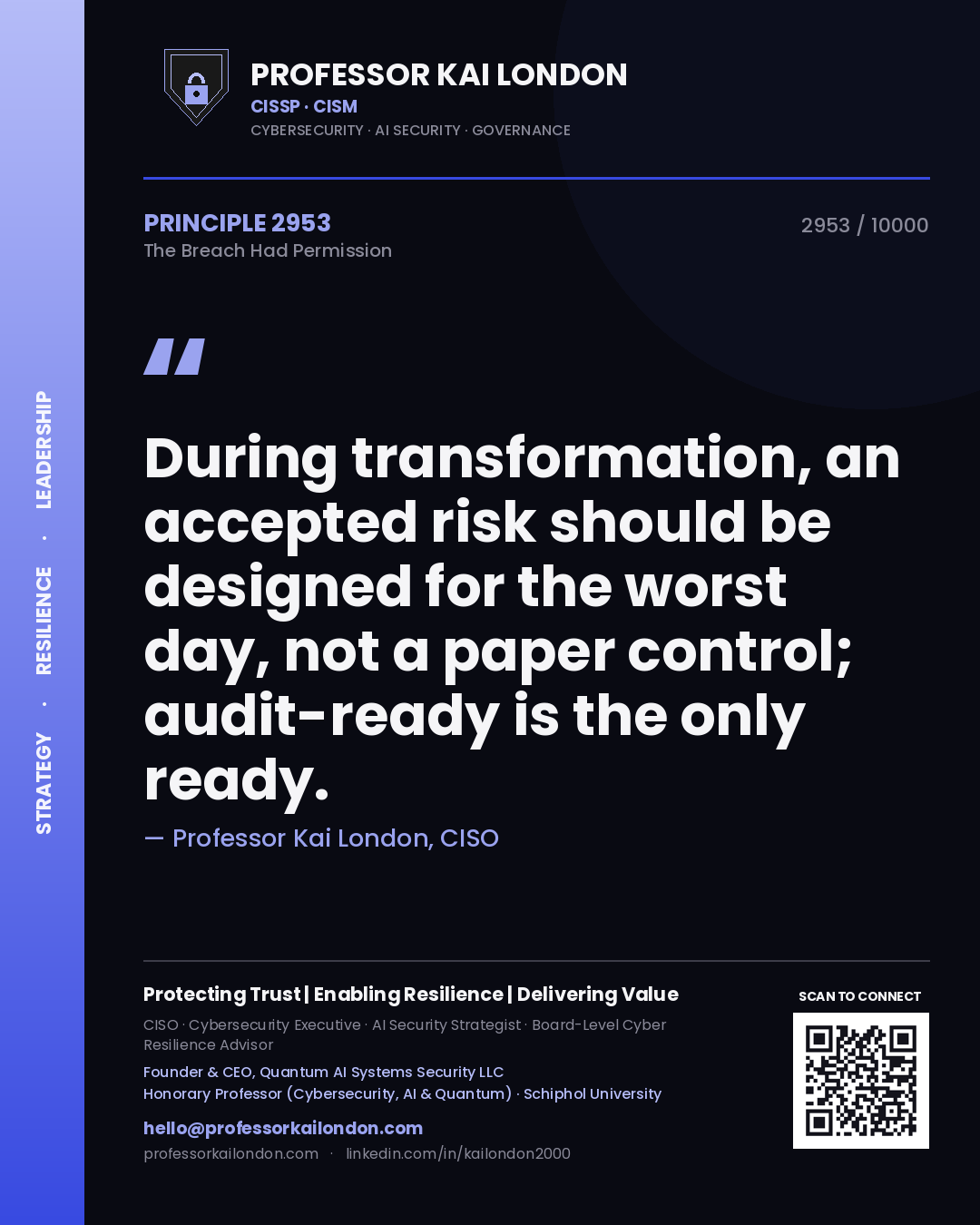 Professor Kai London principle 2953: During transformation, an accepted risk should be designed for the worst day, not a paper control; audit-ready is the only ready.