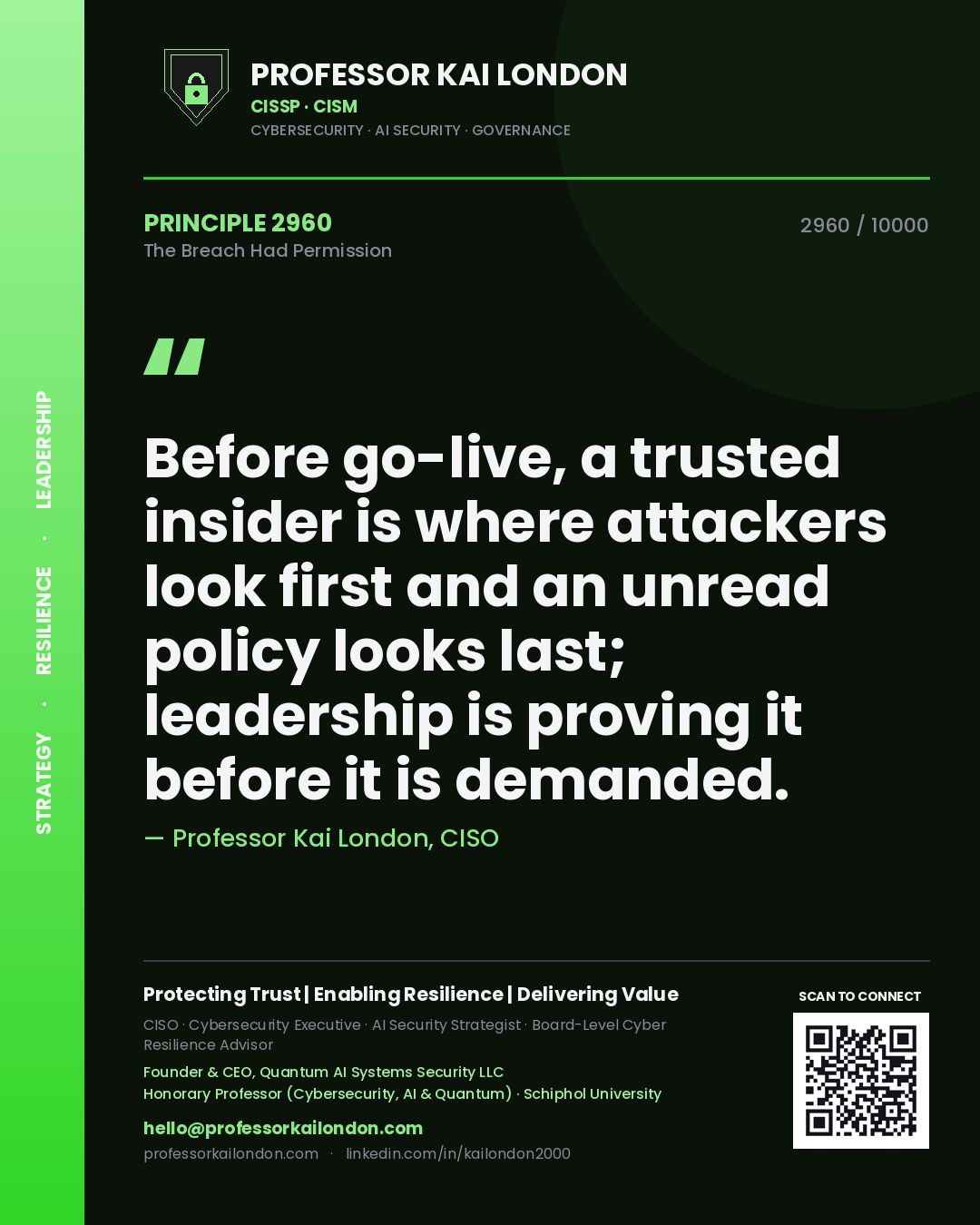 Professor Kai London principle 2960: Before go-live, a trusted insider is where attackers look first and an unread policy looks last; leadership is proving it before it is demanded.