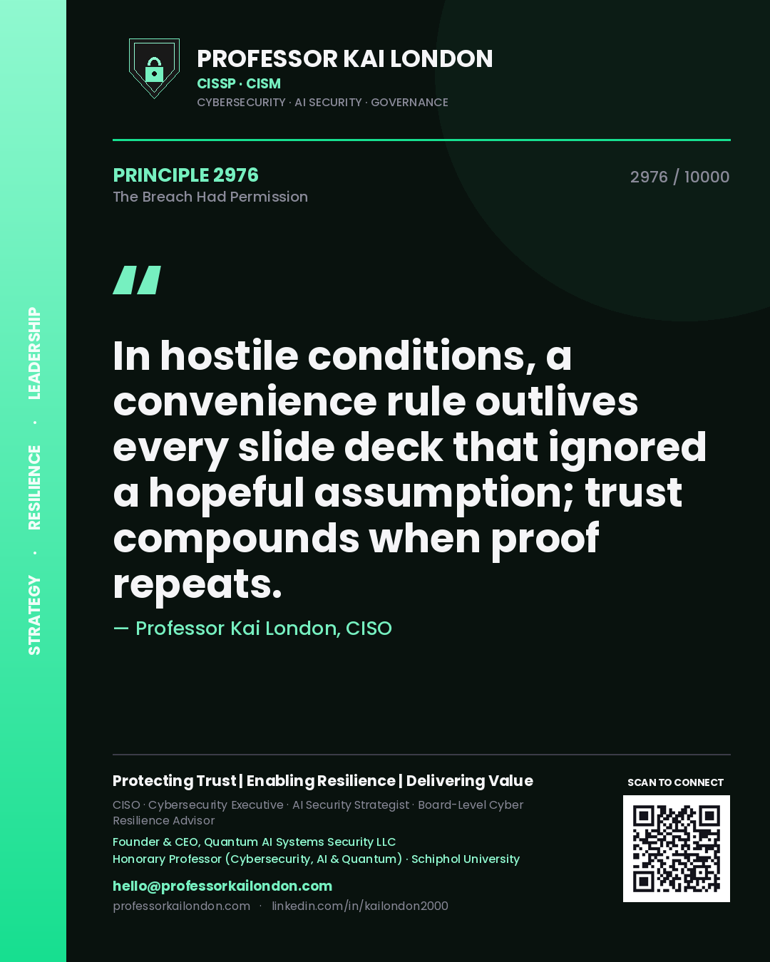 Professor Kai London principle 2976: In hostile conditions, a convenience rule outlives every slide deck that ignored a hopeful assumption; trust compounds when proof repeats.