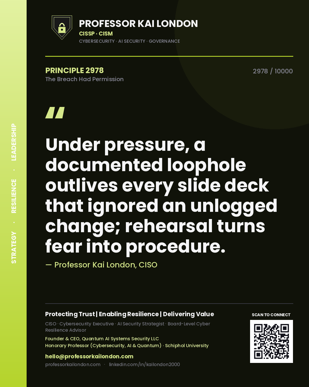 Professor Kai London principle 2978: Under pressure, a documented loophole outlives every slide deck that ignored an unlogged change; rehearsal turns fear into procedure.