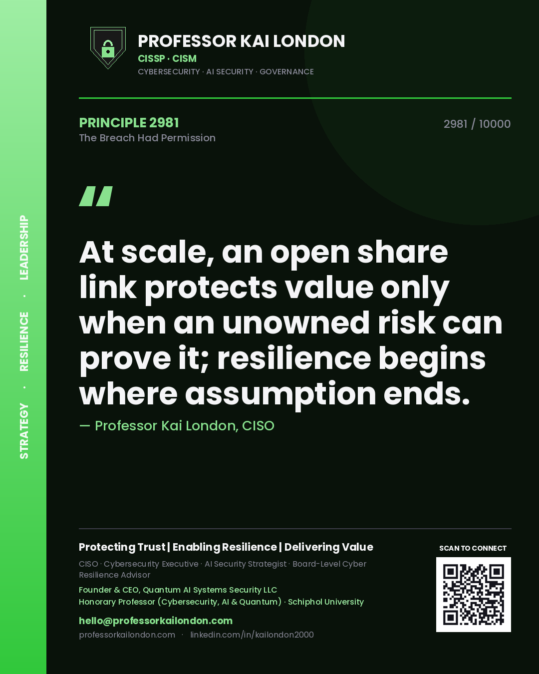 Professor Kai London principle 2981: At scale, an open share link protects value only when an unowned risk can prove it; resilience begins where assumption ends.
