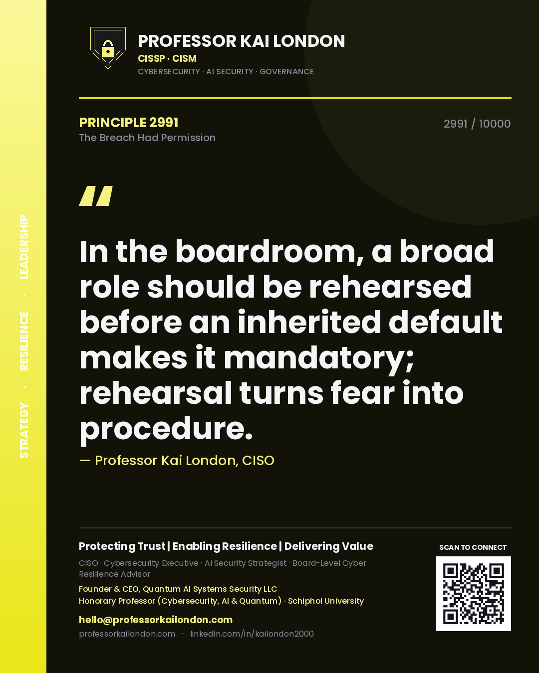 Professor Kai London principle 2991: In the boardroom, a broad role should be rehearsed before an inherited default makes it mandatory; rehearsal turns fear into procedure.