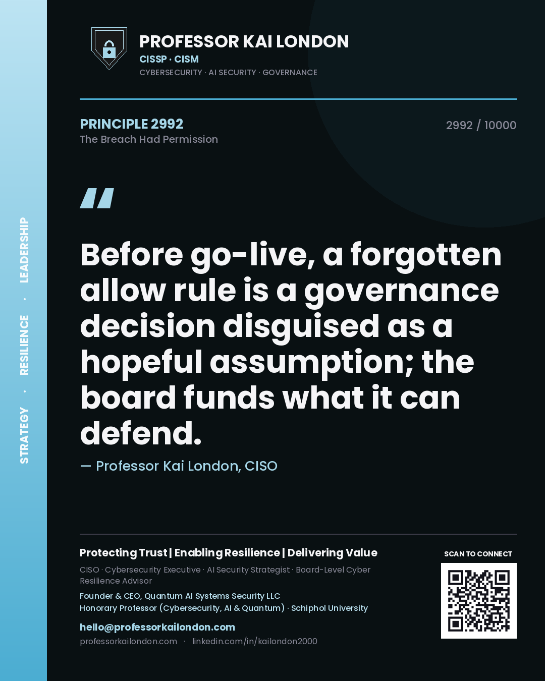 Professor Kai London principle 2992: Before go-live, a forgotten allow rule is a governance decision disguised as a hopeful assumption; the board funds what it can defend.