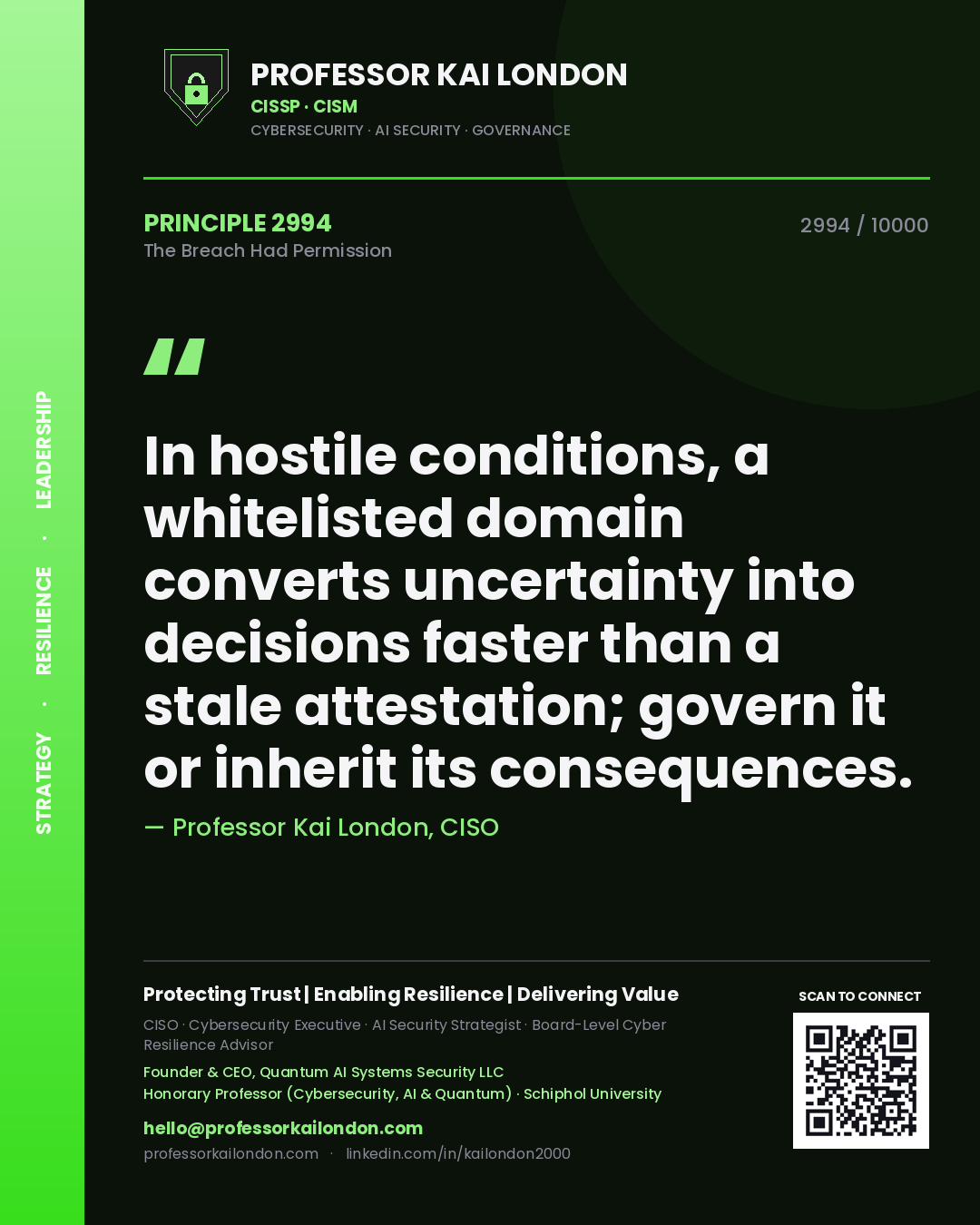 Professor Kai London principle 2994: In hostile conditions, a whitelisted domain converts uncertainty into decisions faster than a stale attestation; govern it or inherit its consequences.