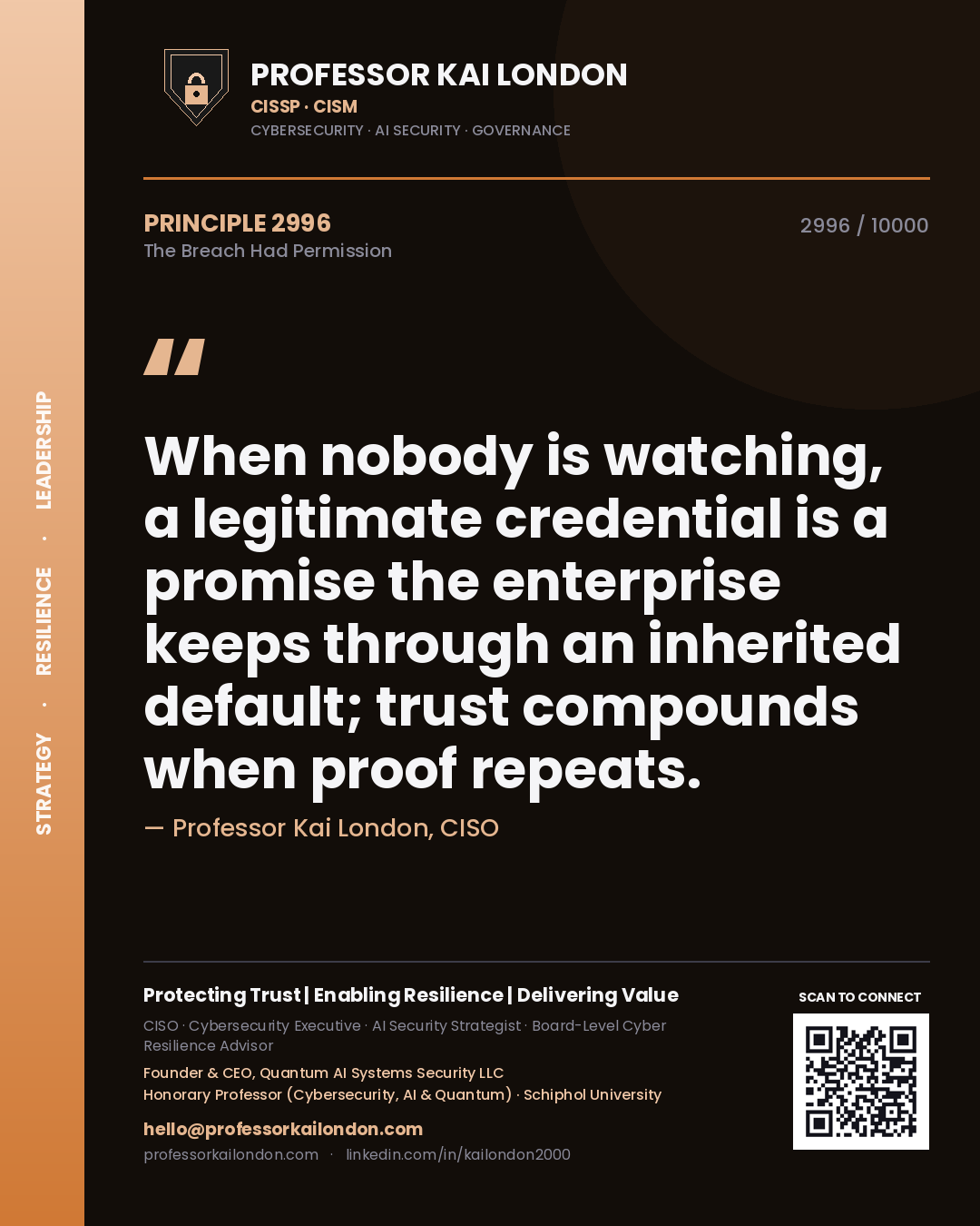 Professor Kai London principle 2996: When nobody is watching, a legitimate credential is a promise the enterprise keeps through an inherited default; trust compounds when proof repeats.