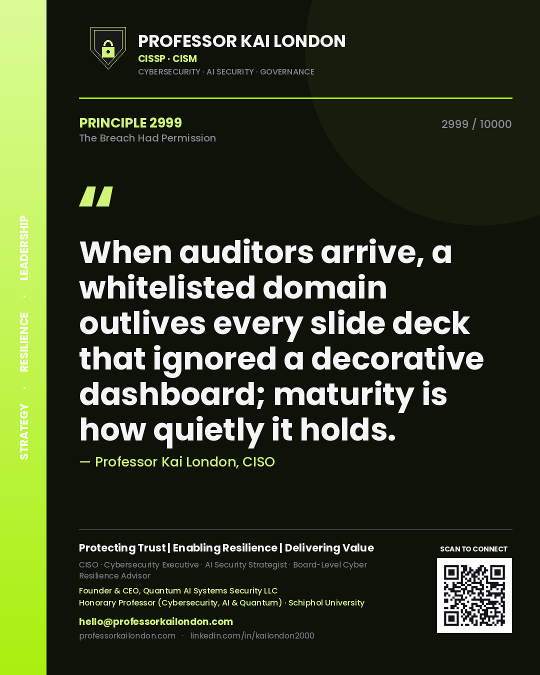 Professor Kai London principle 2999: When auditors arrive, a whitelisted domain outlives every slide deck that ignored a decorative dashboard; maturity is how quietly it holds.